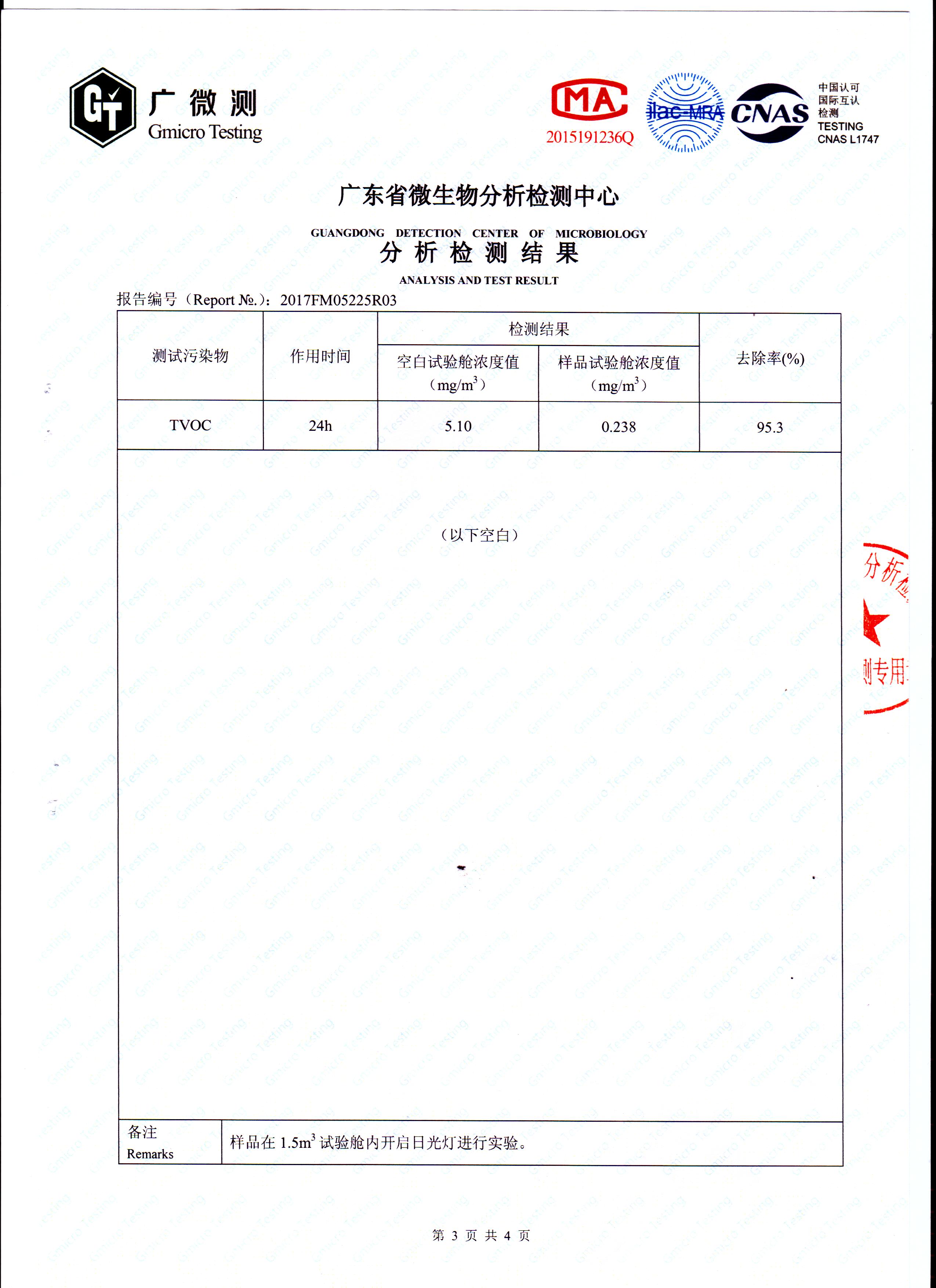 TVOC去除率測試報告